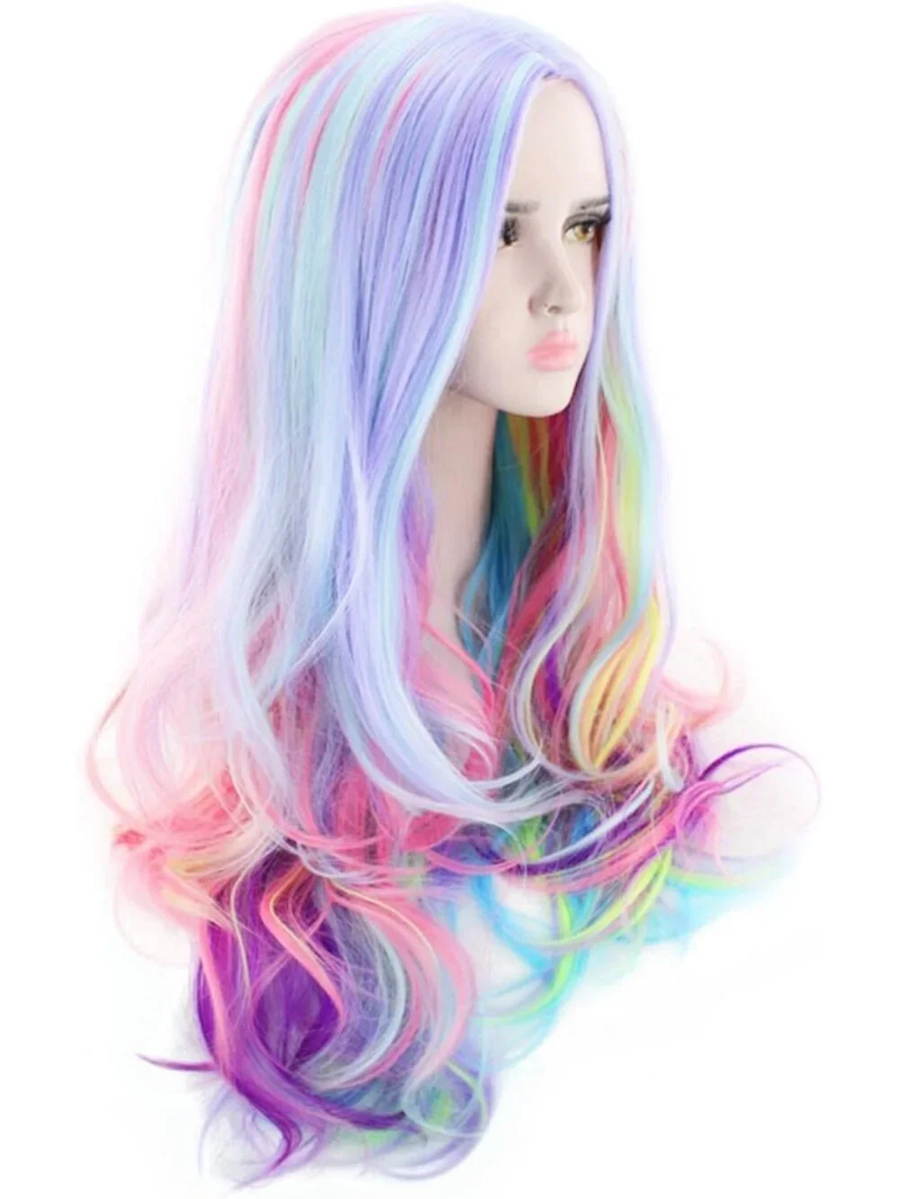 Vibrant Long Curly Wavy Rainbow Hair Wig - 27.56 Inch Colorful Costume Accessory